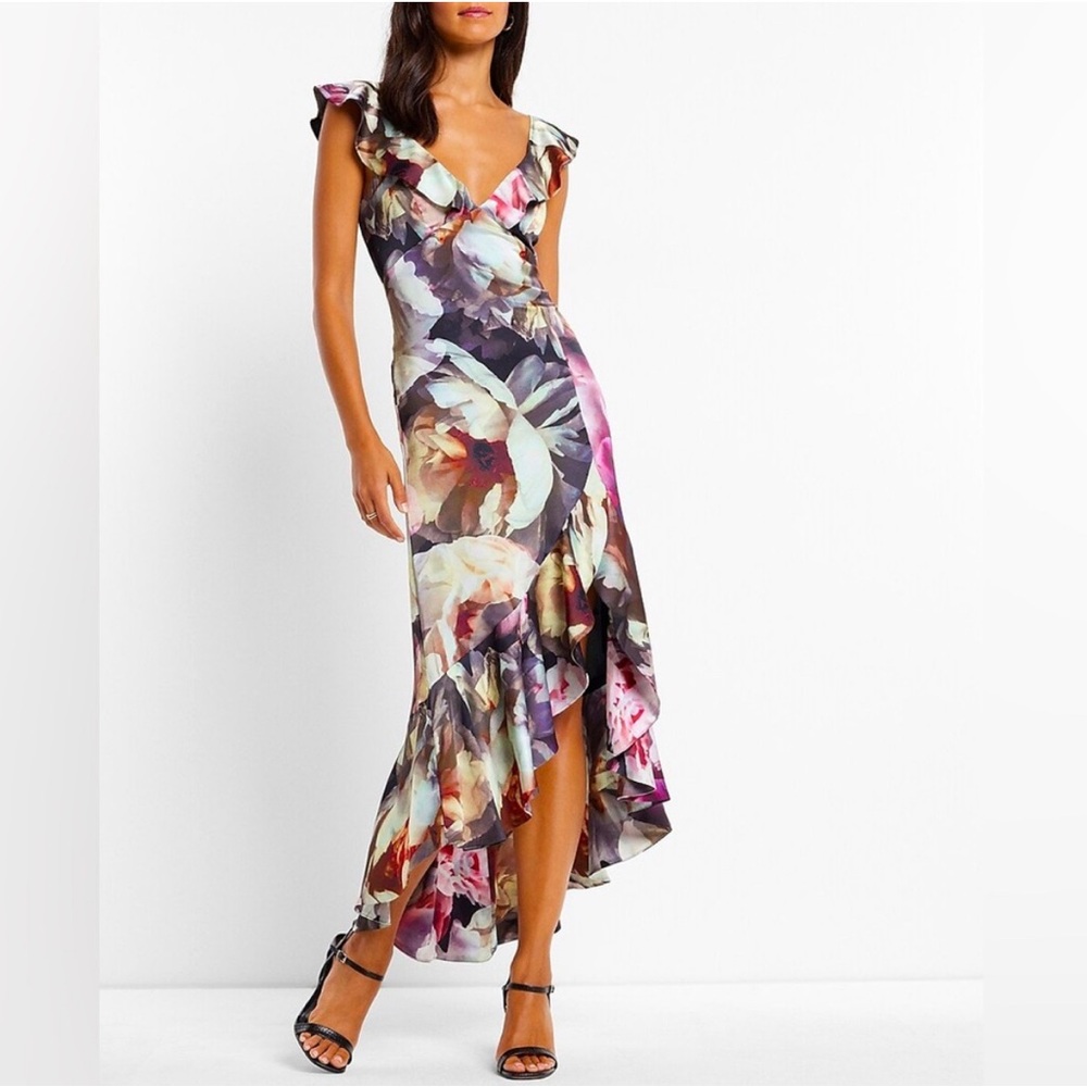 Express Purple Pink Asymmetrical Flutter Sleeve Dress